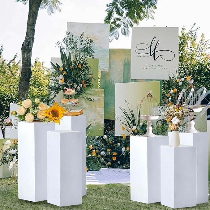 Vincidern 6pcs Square Pedestal Stands for Party, Metal Display Plinth Pillars for Wedding Ceremony Birthday Party Art Decor 31.5*11.8''(2*L), 27.6*11''(2*M), 23.6*10.2''(2*S)