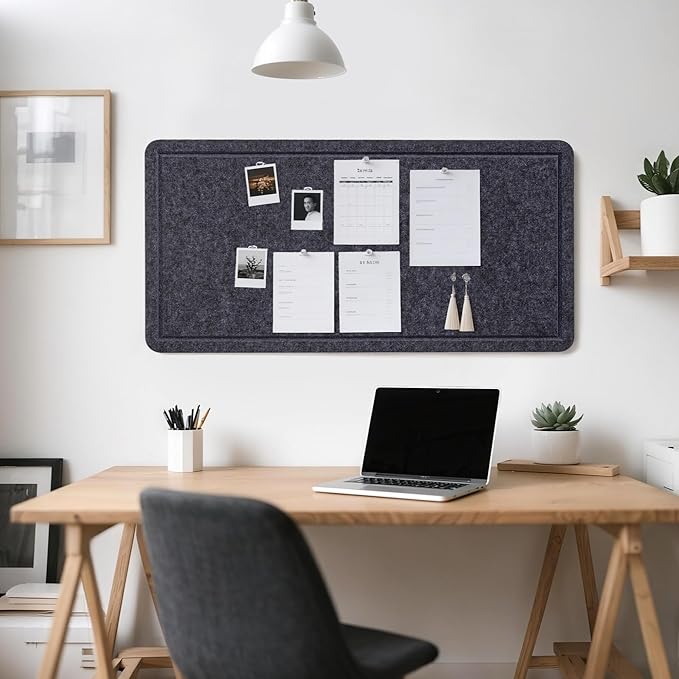 Bulletin Board, 35 x 17 1/2 inches Felt Board - Decorative Pin Board, Cork Board Alternative for Wall, Foldable Self-Adhesive Vision Board Prayer Board with 20 Pushpins Dark Gray