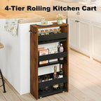 MARTY Slim Rolling Cart 4-Tier Utility Carts with Wheels Handle, Kitchen Storage Cart Slide Out Mobile Shelving Unit Organizer for Bathroom Laundry Room Organization Narrow Places (Rustic Brown)