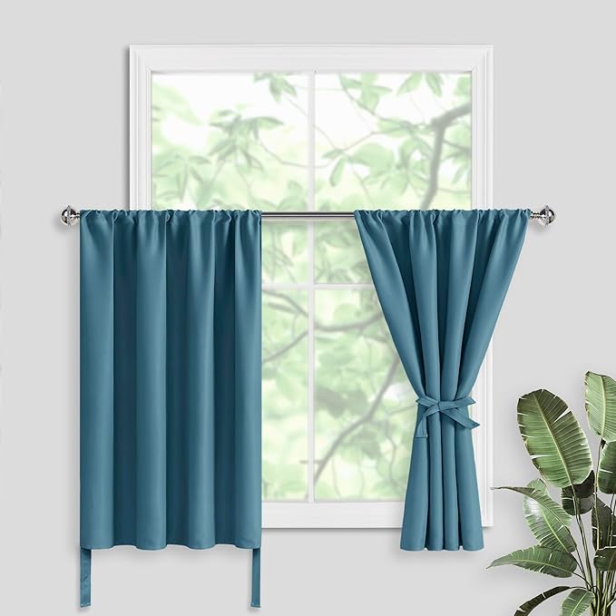JIUZHEN Short Blackout Curtains for Small Window - Cafe Room Darkening Privacy Thermal Insulated Window Curtains Tiers for Bathroom,Kitchen, W 42 x L 36, Set of 2 Panels with Tiebacks, Stone Blue
