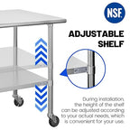 Hally Stainless Steel Table for Prep & Work 24 x 48 Inches with Caster Wheels, NSF Commercial Heavy Duty Table with Undershelf and Galvanized Legs for Restaurant, Home and Hotel