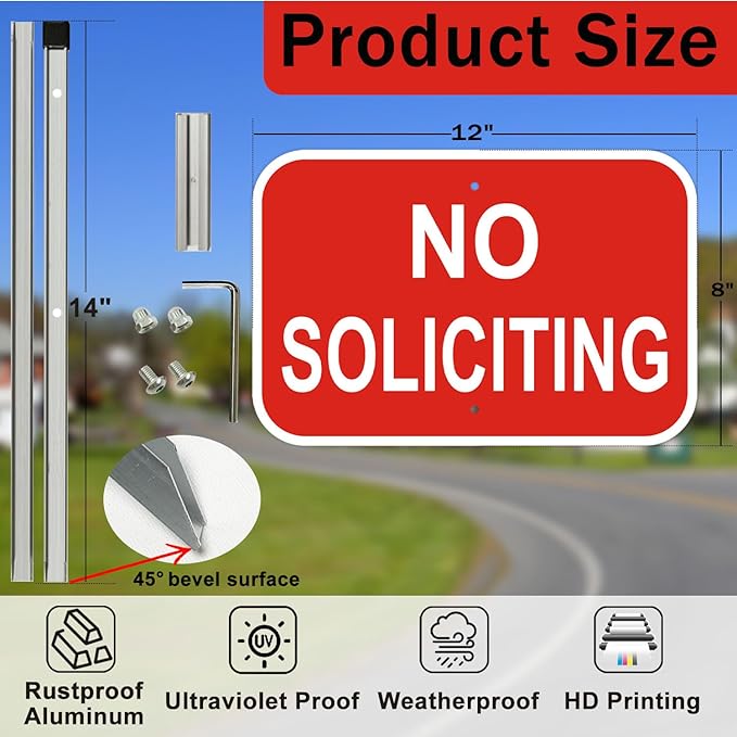 No Soliciting Sign with Stakes, Red Aluminum, 12 x 8 Inch, Heavy Duty Metal Signs, 28 Inch Stakes for Yard, Home Decor, 2 Pack