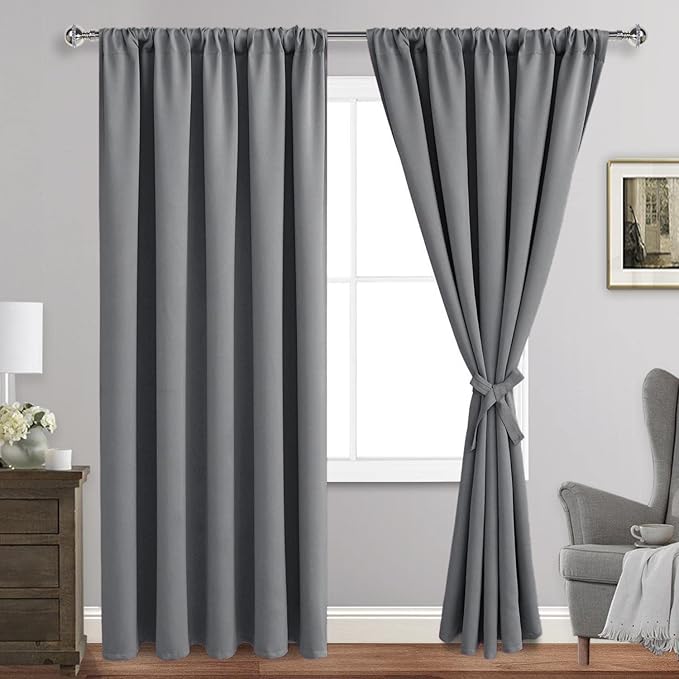JIUZHEN Blackout Curtains for Bedroom - Thermal Insulated Room Darkening Rod Pocket Curtains for Living Room, Set of 2 Panels with Tiebacks, 70 x 96 Inch Length, Light Grey