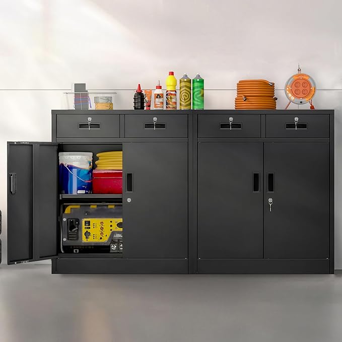 Metal Storage Cabinet, 36" H Locking Storage Cabinet with 2 Drawers and Adjustable Shelf, Metal Cabinets for Office, Garage, Home-Black