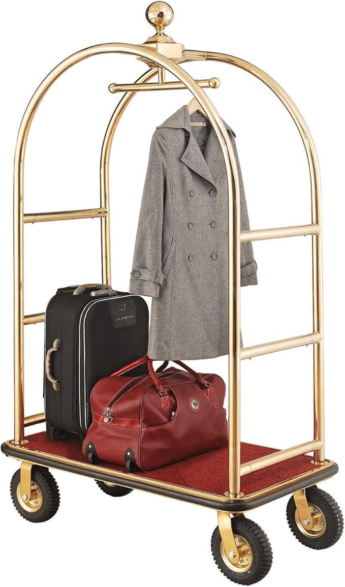Global Industrial Gold Stainless Steel Bellman Cart Curved Uprights 8" Pneumatic Casters, 41-1/4"L x 24" W x 75" H, Hotel Luggage Cart for Commercial Use, Condos, Resorts
