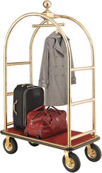 Global Industrial Gold Stainless Steel Bellman Cart Curved Uprights 8" Pneumatic Casters, 41-1/4"L x 24" W x 75" H, Hotel Luggage Cart for Commercial Use, Condos, Resorts