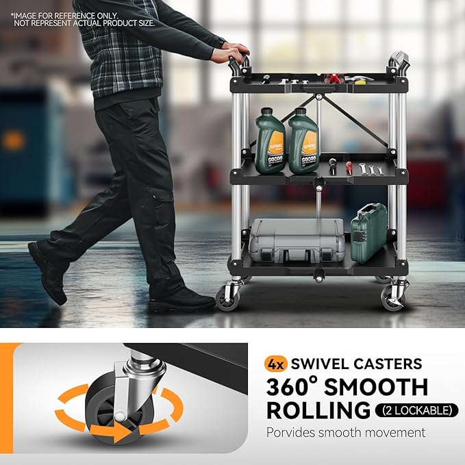 Auto Dynasty 3-Tier Folding Utility Cart with Wheels Lockable, 265LB Heavy Duty Collapsible Service Cart Foldable Rolling Carts for Home, Garage, Warehouses, Restaurants, Workshops