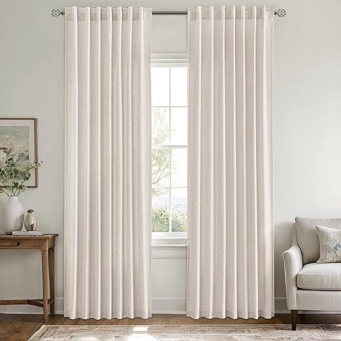 MIULEE Non-See-Through Privacy Linen Curtains 2 Panels, Light Filtering Window Curtains Farnhouse Textured Back Tab Semi Sheer Drapes for Bedroom Living Room, 52 x 72 Inches Long, White