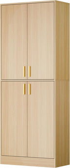 Cozy Castle Kitchen Pantry Cabinet, 71" Tall Wood Storage Cabinet with Doors and Shelves 4 Doors Freestanding Cupboard for Dining Room Living Room Bathroom Furniture, Oak