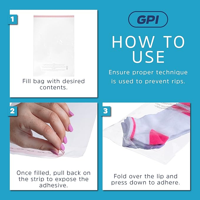 11" x 14" Self Seal Resealable Poly Bags - Case of 100, Peel & Seal Reclosable Polybags with suffoaction Warning and Adhesive Strip for Packaging & Shipping Clothes, Shirts & More - GPI