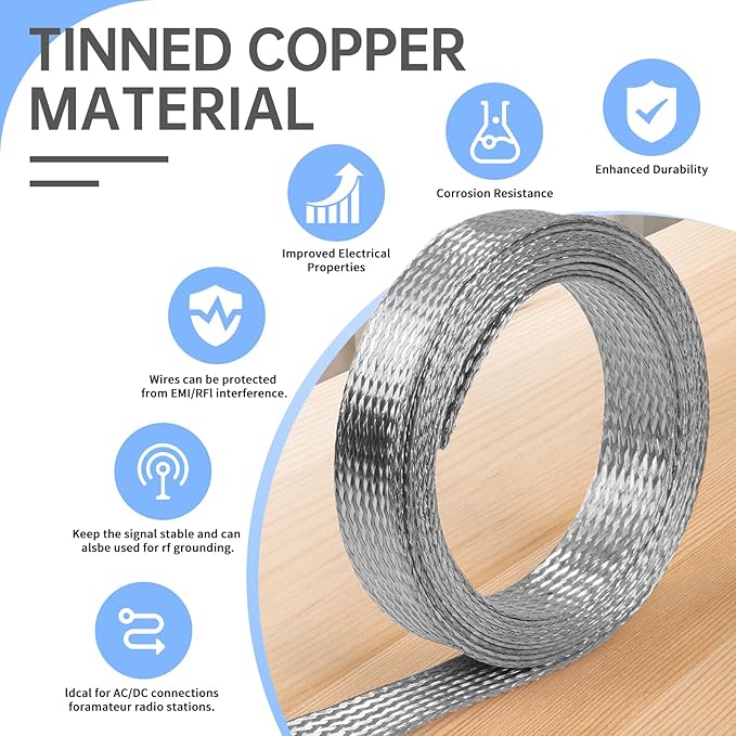Copper Wire Loom - EMI/RFI Shielding Flexible Cable Management for Automotive Audio, Industrial Expandable Cables, Marine Wiring & Computer Case ﻿ (Tinned Copper, 10mm (3/8")-16ft)