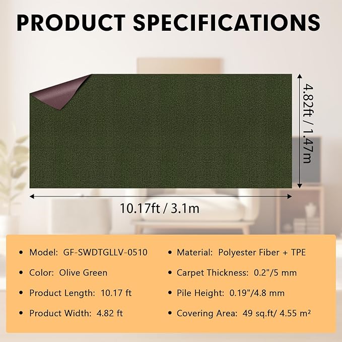 Marine Carpet,5 FT x 10 FT Olive Green Indoor Outdoor Carpet 0.2" Thick with Water-Proof TPE Backing, Non-Slide for Home, Patio, Porch, Deck
