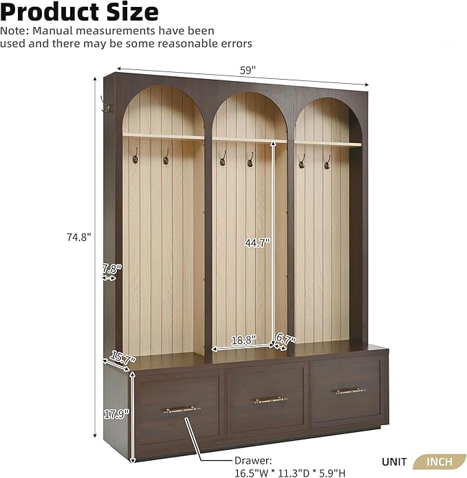 Merax Farmhouse Wood Hall Tree with Shoe Bench and 3 Drawers, 4-in-1 Coat Rack with 8 Hooks for Entrance, Hallway, Mudroom Dark Walnut