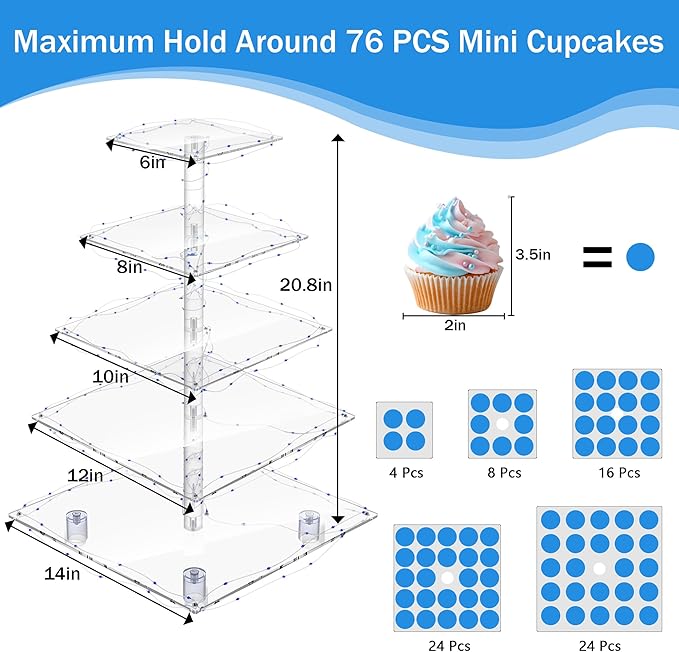 YestBuy 5 Tier Cupcake Stand Acrylic Cupcake Tower Display with LED Light Premium Cupcake Holder Dessert Tree Tower for Birthday Cady Bar Party Décor Weddings, Birthday Parties Events (Blue Light)
