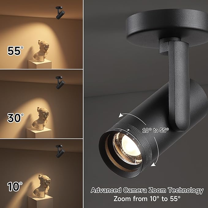 12W LED Dimmable Zoomable Ceiling Spotlight Indoor – Adjustable Beam Angle 10-55° Surface Mount Wired Accent Spot Light for Picture, Plants & Painting | Warm White 3000K CRI 97, Black