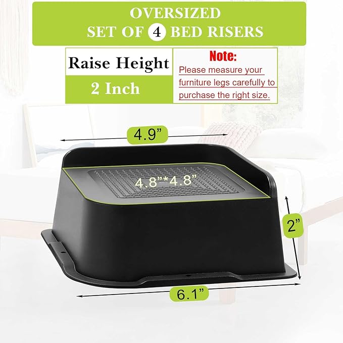 Bed Risers 2 inch, 3 inch, 4 inch, 6 inch, 8 inch Heavy Duty, Oversized Furniture Riser for Couch Sofa Table Chair Leg Frame Dorm, Support up to 6000 Lbs (Black 4 Pack, 2 inch)