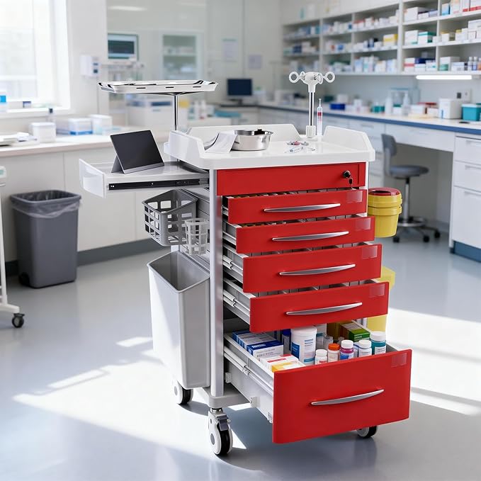 Medical Rolling Crash Cart with Integrated Medical Countertop -CPR Board, IV Pole, O2 Holder, Trash Bin, Silent Casters, Drawers with Dividers, Nursing Cart for Clinic, Hospital, Nursing Center