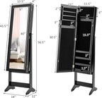 Giantex Jewelry Cabinet with Full-Length Mirror, Standing Jewelry Armoire Organizer with 64 Earring Slots, 72 Ring Slots, 20 Necklace Hooks, 4 Storage Shelves, 3 Angle Adjustable (Black)