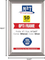 M&T Displays Opti Snap Poster Frame 11x17 Inch Silver 1" Aluminum Profile Front Loading Wall Mounting Photo Picture Document Certificate Sign Holder Mitered Corner Anti Glare Cover (50 pack)