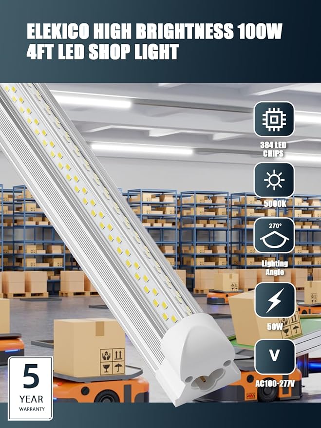Super Bright 50w 7200lm 5000k V Shape 4ft Led Shop Lights for Workshop 4ft, 4' Linkable 4 Foot Led Shop Lights with Plug in Power Cable On/Off Switch for Garage Basement Warehouse