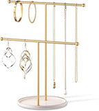 Gold Jewelry Holder Stand with Ceramic Tray: Small Hanging Necklace Organizer Tree for Earrings, Bracelets, Rings – Jewelry Display Hanger for Women & Girls, White