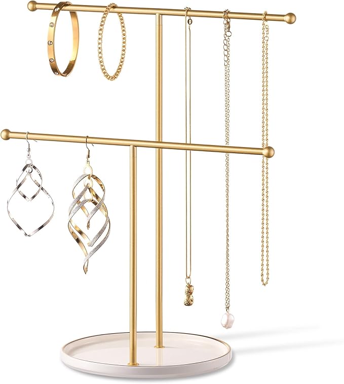 Gold Jewelry Holder Stand with Ceramic Tray: Small Hanging Necklace Organizer Tree for Earrings, Bracelets, Rings – Jewelry Display Hanger for Women & Girls, White