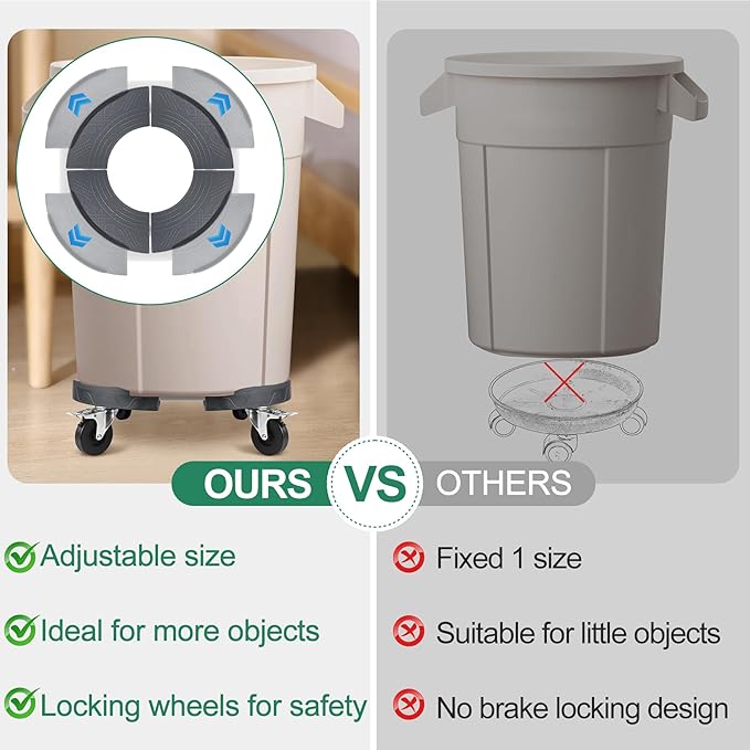 ToLanbbt Trash Can Dolly with 3 in Upgraded Wheels, 15-19 in Adjustable Round Furniture Dolly, Heavy Duty 480 LBS Drum Rolling Base, Keg Dolly for 20, 32, 44, 55 Gallon Garbage Cans, Gray, 1 Pack