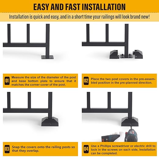 1.0"x1.0"（Actual: 1.0"x1.0"） Deck Post Base Cover Decorative Post Base Trim Skirt Black Aluminum 4Pack
