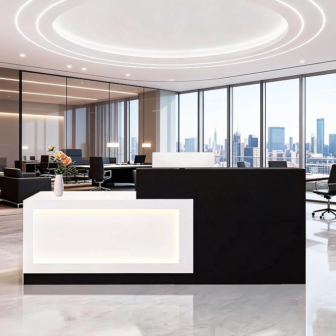 L-Shaped Reception Desk with Counter and Lockable Drawers and Storage Tall Modern Front Desk Reception Counter for Checkout Lobby Beauty Salon E Left 63inch/160cm