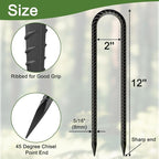 12 Inch U Shaped Trampoline Stakes 8 Pack, 5/16" Diameter Heavy Duty Steel Wind Resistant Rebar Stakes, Black E-Coated Anti-Rust Ground Stakes for Trampoline, Swing Set, Bounce House Safety