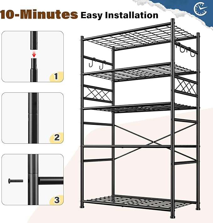 Storage Shelves 5-Tier Large Capacity Metal Shelving with Hooks, Heavy Duty Garage Shelving Unit with Leveling Feet, Stable Metal Shelves for Pantry, Kitchen and Closet, 72" H x 36" W x 12" D, Black