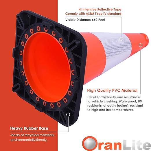Fluorescent Orange/Green PVC Traffic Cones, Heavy Black Base Parking Lot Cone Structurally Stable Weatherproof Road Construction Safety Cones (4, Orange, 18" Medium)