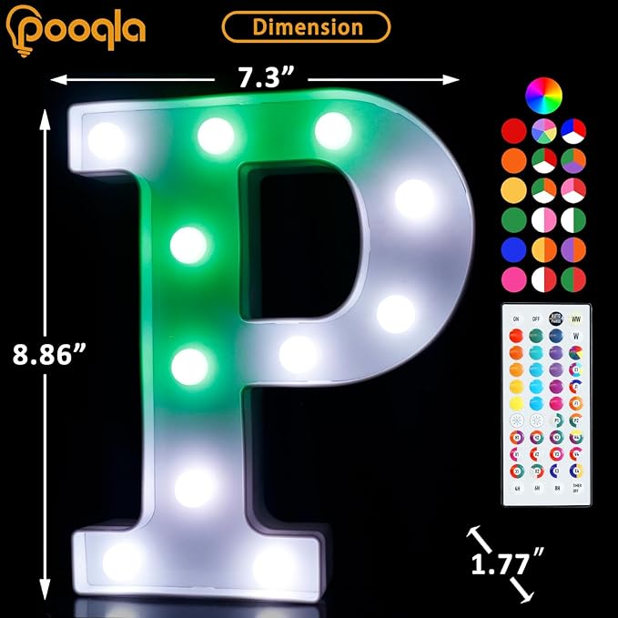 Pooqla Colorful Light Up Letters with Remote, Upgraded 35 Colors LED Marquee Letters, RGB Lighted Letter for Girls Teenager Gift, Birthday, Party, Wedding, Night Light, Room, Bedroom Decor, Letter P