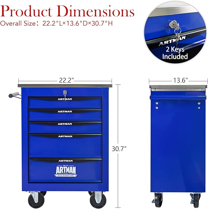 5 Drawer Rolling Tool Chest with Locker, 22.2" D Metal Movable Lockable Tool Cart Box Multi-Functional Hardware Storage Cabinet Box for Warehouse Basement Home Pantry Garage