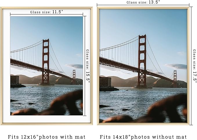 Frametory, 14x18 Metal Picture Frame with Mat for 12x16 Picture & Real Glass, Aluminum Photo Frame Collection (Gold, 1 Pack)
