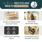 4 Section Recycling Bin for Kitchen – Dual Trash and Recycle Bins for Paper, Plastic, Cans – Indoor Bamboo Recycling Organizer – Decorative Wooden Recycle Bins for Kitchen & Office