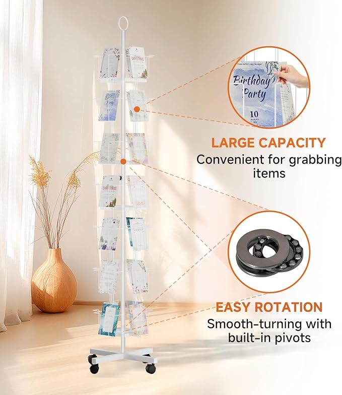 TONGMO 7-Tier Greeting Card Display Rack: 28-Pocket Rotating Countertop Stand for Postcards, Brochures, and Greeting Cards (White, 68.9”H)