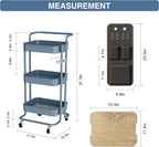 DTK 3 Tier Metal Utility Rolling Cart with Table Top and Side Bags, Metal Tray Storage Organizer Cart with Wheels, Art Craft Cart with 4 Hooks for Kitchen Bathroom Office Living Room (Blue)