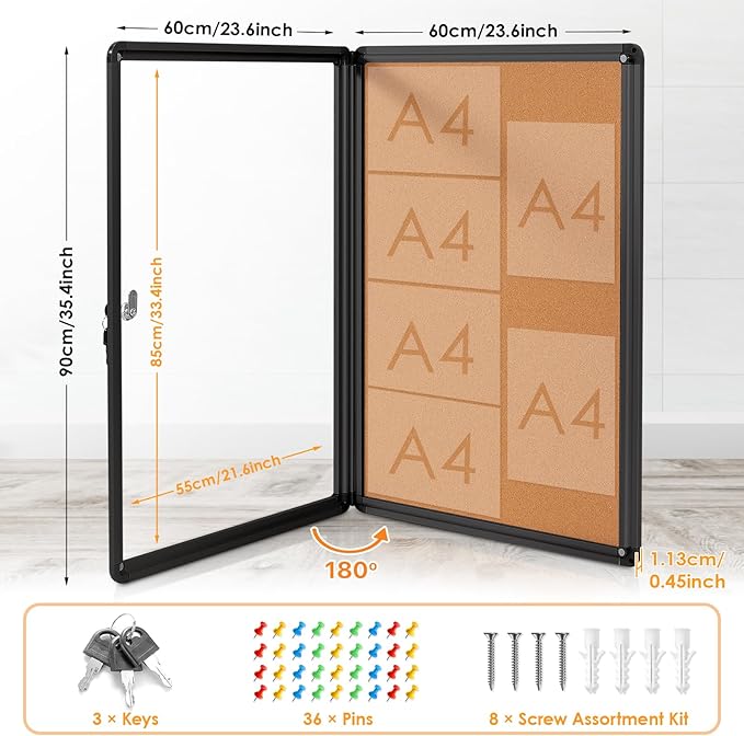 Enclosed Bulletin Board Cork Board 36x24 in, Lockable Wall Display Case for Office School Home Commercial, Tamperproof and Shatter Resistant, Black Aluminum Frame