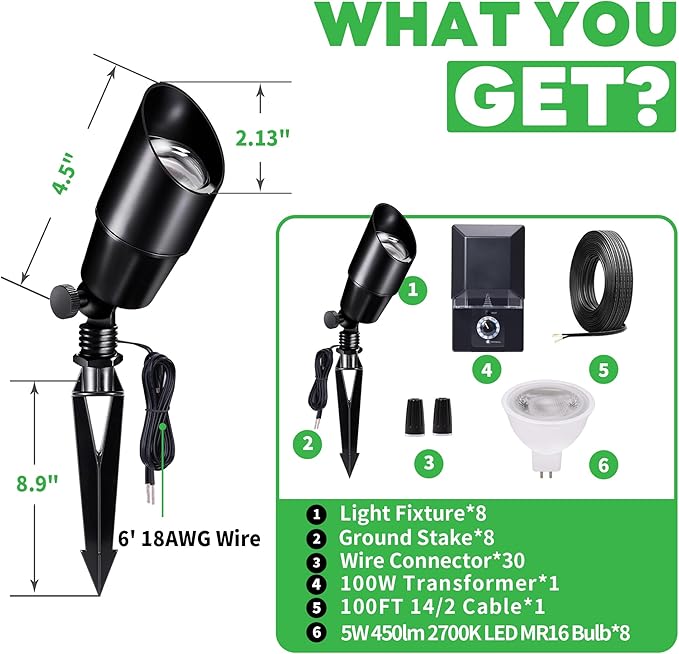 Landscape Lighting Low Voltage Kit, with 8 Pack Black Spotlight and 100W Transformer and 100FT Cable and 30 Wire Connectors, Aluminum Outdoor Lights for Garden Flag Wall Patio