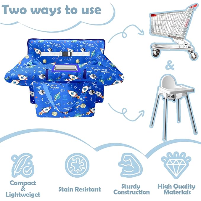 Shopping Cart Cover for Baby Girl Boy 2-in-1 High Chair Water Resistant High Chair Cover Blue Space Rocket Gender Neutral Cart Cover for Babies Padded Grocery Cart Cover for Baby