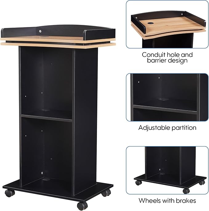 Podium Stand,Wood Podium with Wheels,Lectern with Storage,Mic Stand Space,15MM Particle Board,Wooden Pulpit for Restaurants,Churches,Seminars and Schools