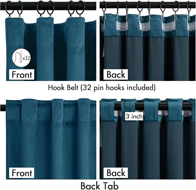 MIULEE Velvet Curtains 90 Inches Long 2 Panels Set for Bedroom, Pinch Pleat Back Tab Luxury Thermal Insulated Living Room Darkening Drapes Pleated Blackout Window Curtains with Hooks, Peacock Blue