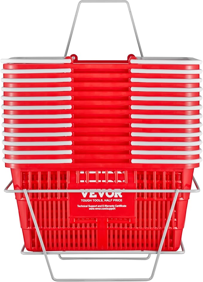 VEVOR 12 PCS Red Plastic Grocery Basket, 16.5 x 11.8 x 8.27 inch Rectangular, 21L Capacity, Modern Style, No Lid, PE Material, Ideal for Supermarket, Shopping Center, Convenience Store