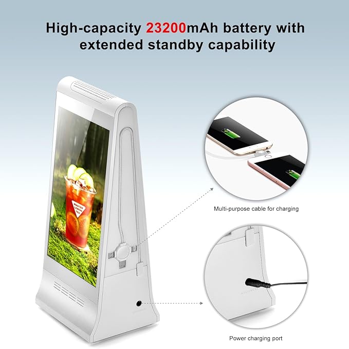 Digital Signage Display for Tabletop ,Interactive Digital Signage with Double 8 inch LCD Touch Screen and WIFI Connected,Rechargeable 23200mAh Battery,Portable Advertising Kiosk for Restaurants,Bar, Hotel ,Cafe (White)