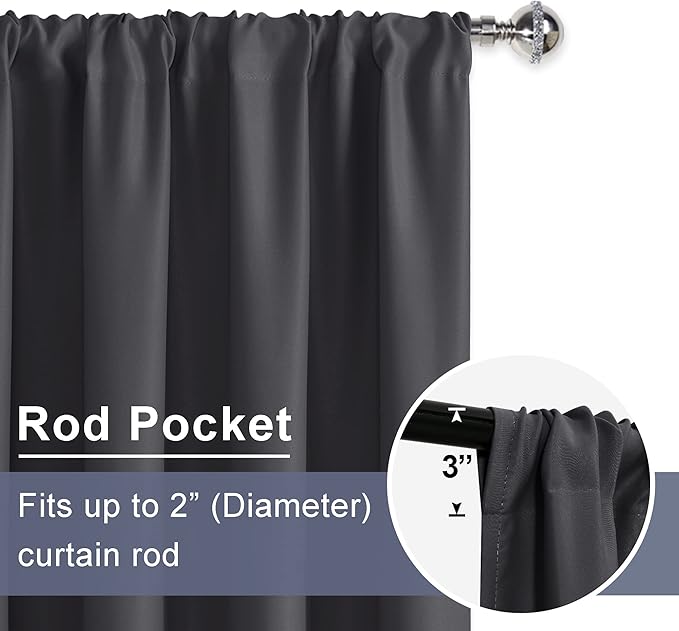 JIUZHEN Blackout Curtains for Bedroom– Thermal Insulated,Noise Reducing Room Darkening Privacy Drapes for Living Room, Set of 2 Panels with Tiebacks, 42 x 54 inch Long, Dark Grey