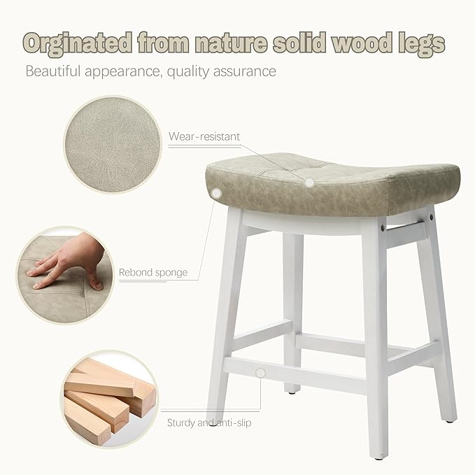 Counter Height Bar Stools Set of 3 for Kitchen Counter Farmhouse Modern Barstools with Faux Leather Upholstered Backless Seat and Solid Wood Legs 24 inch Bar Chairs, Light Grey + White