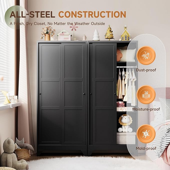 Letaya Metal Wardrobe Cabinets,68" Tall Armoire Wardrobe Closet with Sliding Barn Doors and Shelves,Large Coat Closet Cabinet with Hanging Rod,Clothing Storage Cabinets for Home Room (Black)