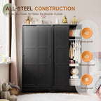 Letaya Metal Wardrobe Cabinets,68" Tall Armoire Wardrobe Closet with Sliding Barn Doors and Shelves,Large Coat Closet Cabinet with Hanging Rod,Clothing Storage Cabinets for Home Room (Black)