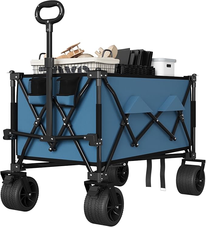 35" Foldable Wagon for Beach with 350lbs Weight Capacity, Heavy Duty 280L Extra Large Collapsible Foldable Wagon for Camping, All Terrain Beach Wagons Extended with Cup Holders for Sand
